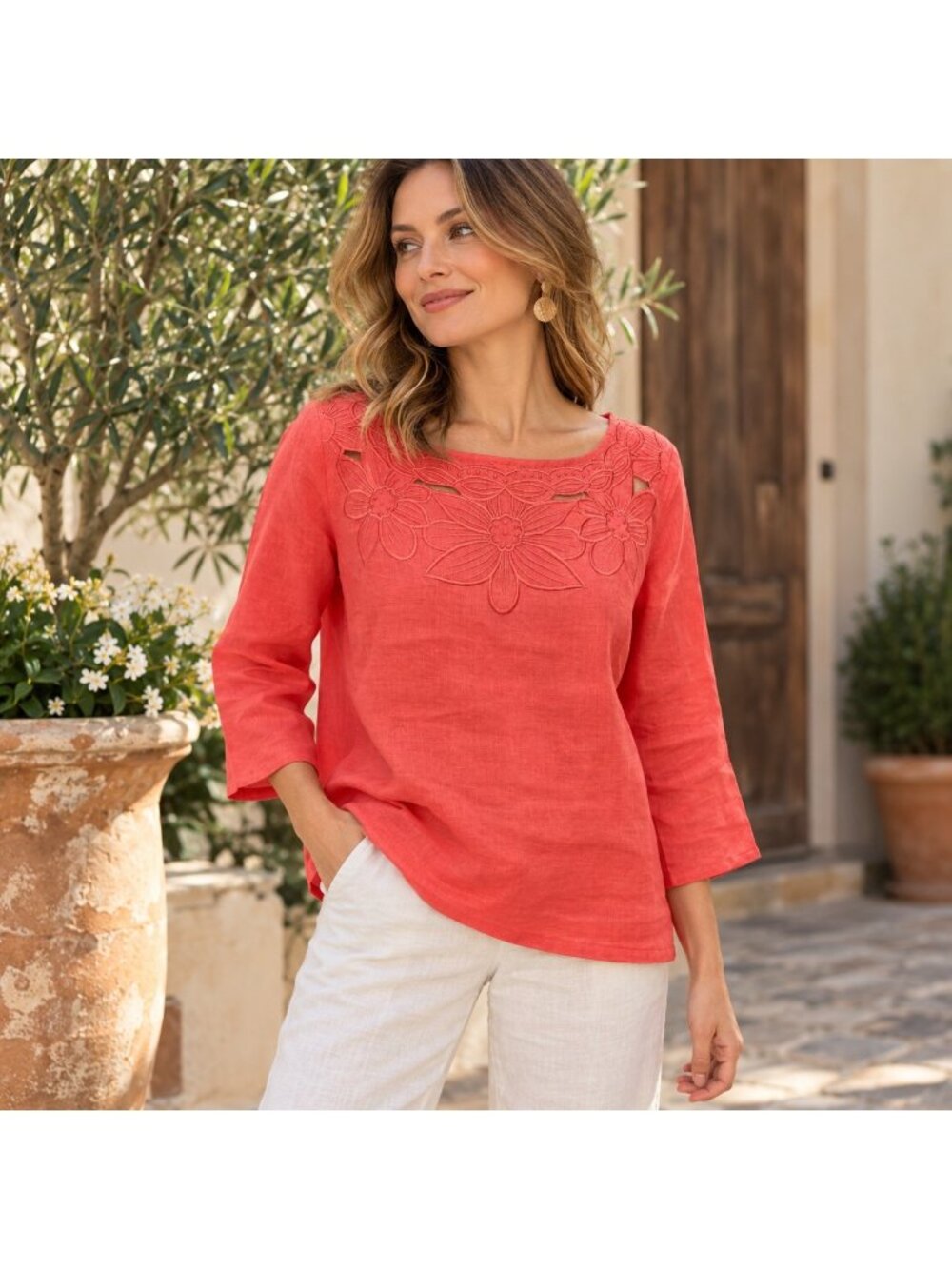 Richard Malcolm Petite Coral Linen Floral Embroidered Cutwork Blouse 3/4 Sleeve